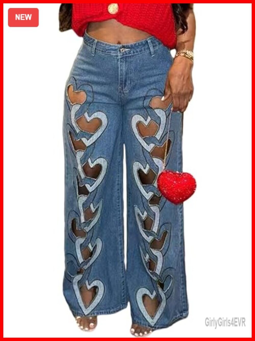 Y2K High Waisted Baggy Ripped Jeans Wide Leg Sexy Denim Pants with Heart Cutout